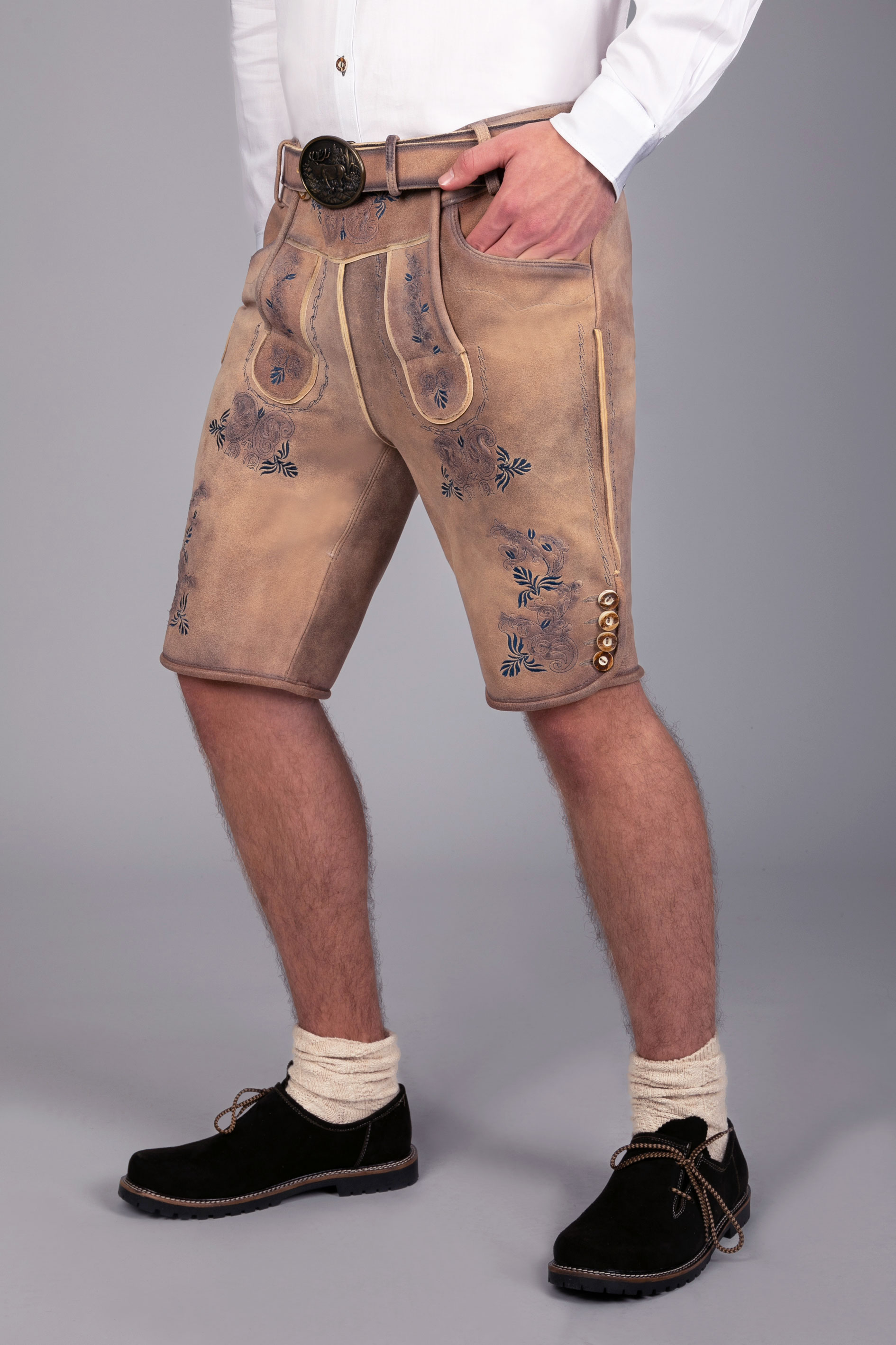 Kurze Wildbock Lederhose Peter blau sämisch